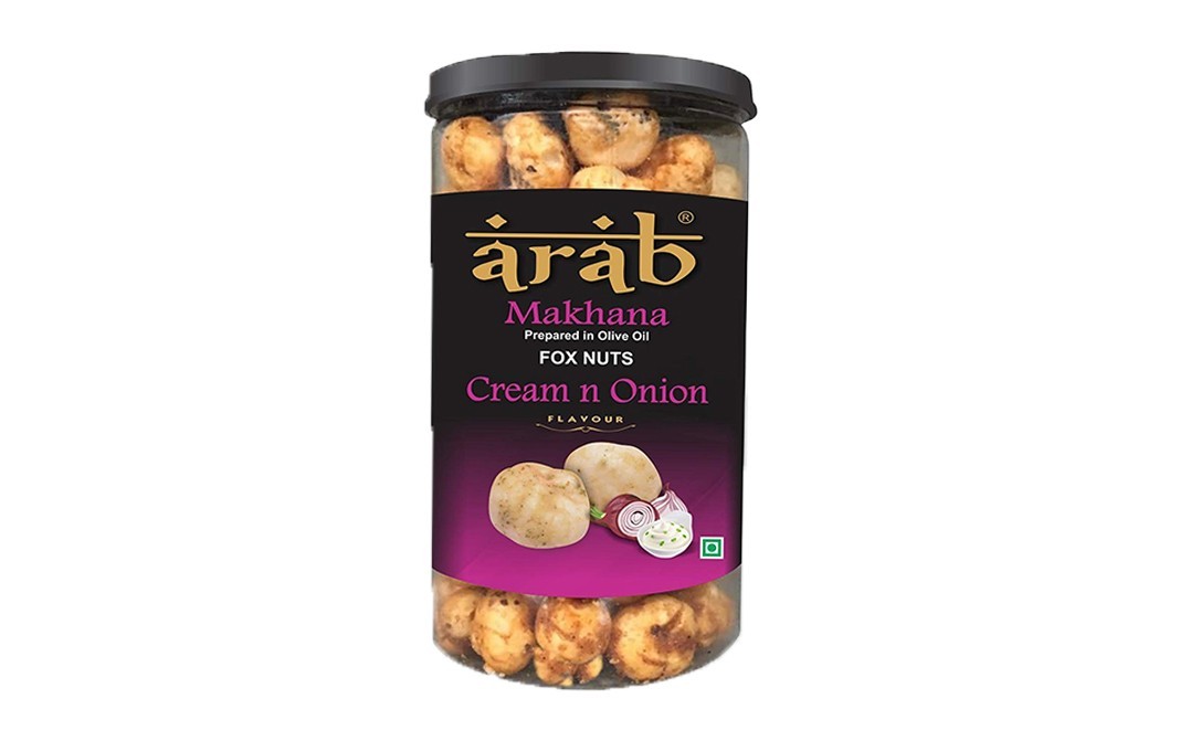 Arab Makhana Prepared in Olive Oil Fox Nuts Cream n Onion Flavour   Plastic Jar  80 grams